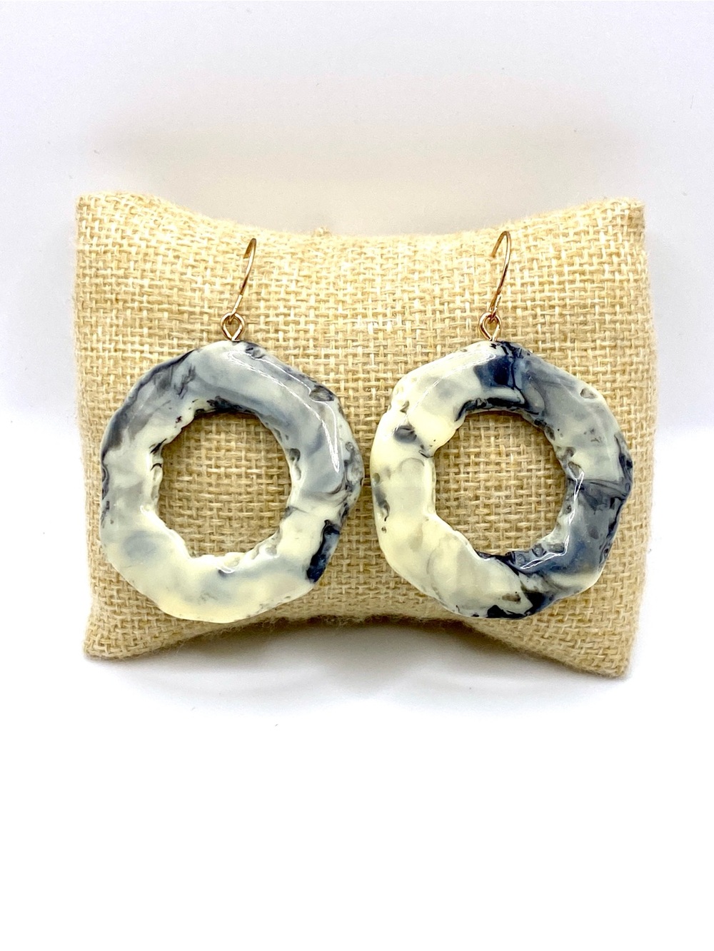 Cream and Gray Marbled Open Circle Earrings